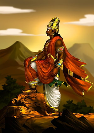 Ravana Digital Art Illustration Standing on Rocky Cliff at Sunset HD phone wallpaper