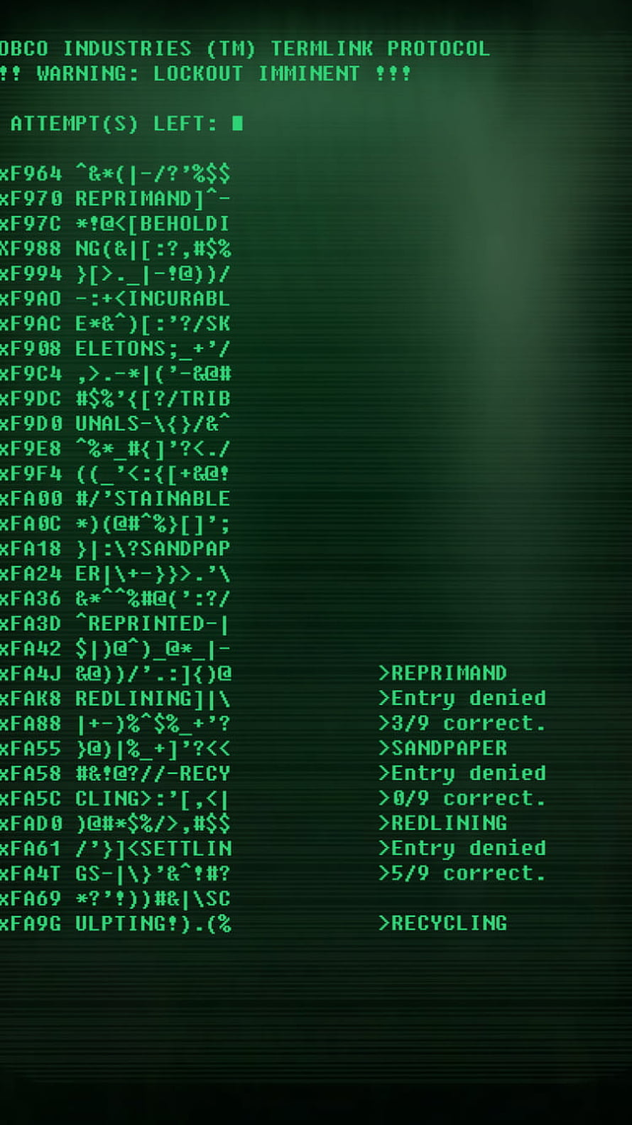 Fallout 4 Terminal Hacking Interface with Green Monospace Text and Glitch Effects HD phone wallpaper