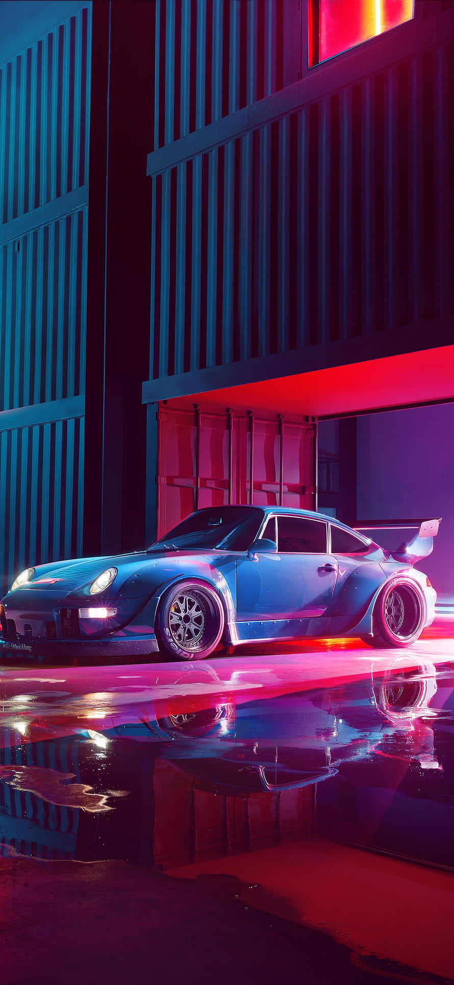 Blue Porsche 911 in Neon Cyberpunk Alley with Wet Reflections HD phone wallpaper