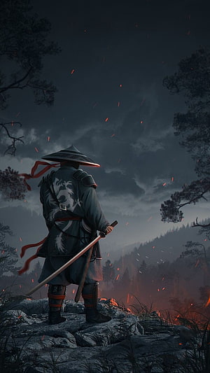 Lone Samurai Warrior Standing on Rocky Cliff Under Stormy Night Sky with Embers HD phone wallpaper
