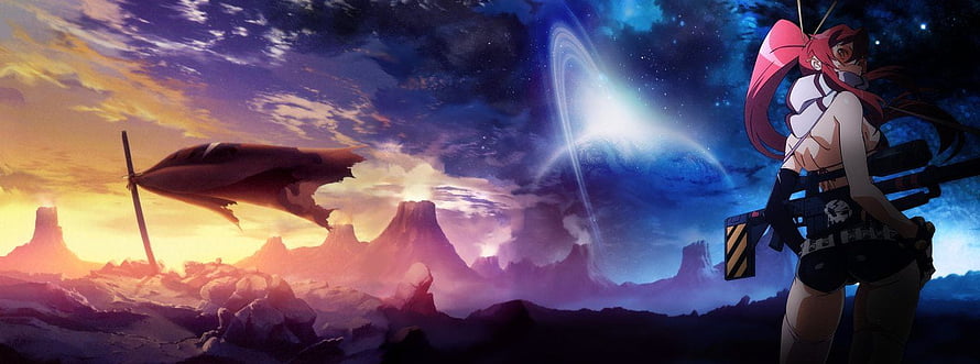 Red-Haired Anime Girl with Rifle on Alien Planet at Sunset HD wallpaper