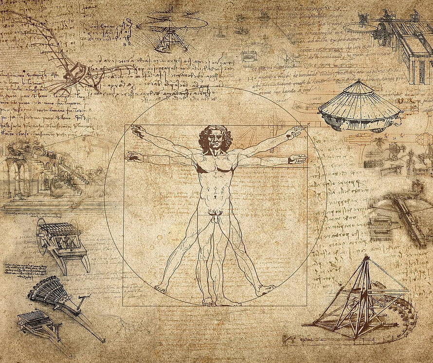 Leonardo Da Vinci Vitruvian Man Sketch with Renaissance Engineering Diagrams HD wallpaper