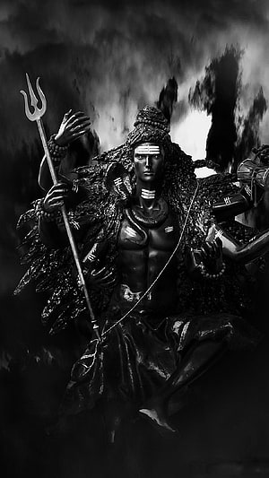 Monochrome Lord Shiva Statue Holding Trishula with Serpent and Rudraksha HD phone wallpaper