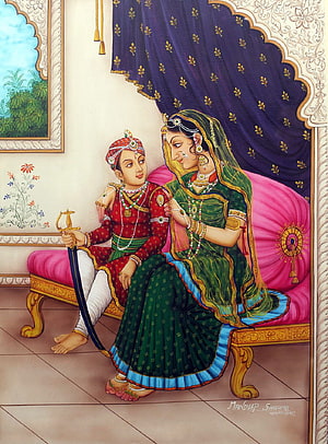 Maharana Pratap and his wife in traditional Rajput attire, Indian miniature painting style HD phone wallpaper