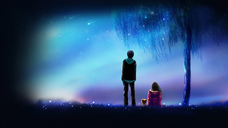 Anime Couple Gazing at Meteor Shower Under Starlit Night Sky HD wallpaper