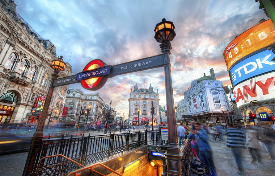 Piccadilly Circus Underground Entrance at Dusk with Vibrant City Lights HD wallpaper