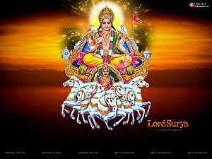 Lord Surya Hindu Sun God Riding White Horse Chariot at Sunset HD wallpaper