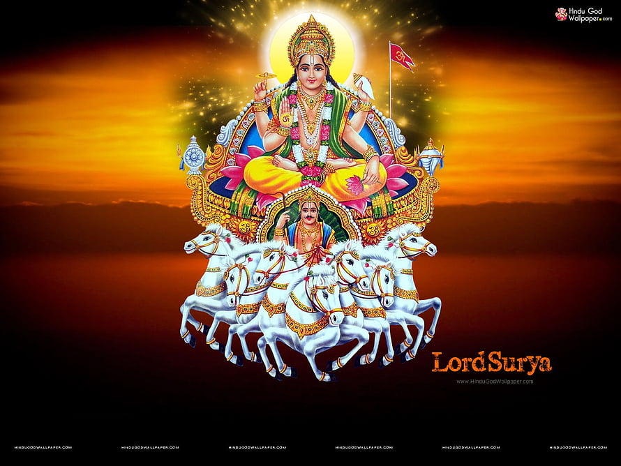 Lord Surya Hindu Sun God Riding White Horse Chariot at Sunset HD wallpaper