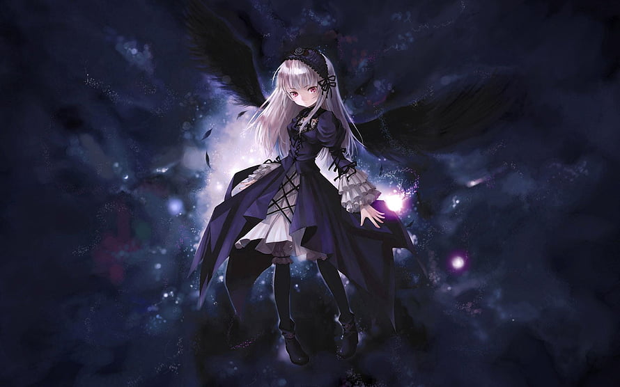 Dark Winged Anime Girl in Gothic Dress Floating in Cosmic Nebula HD wallpaper
