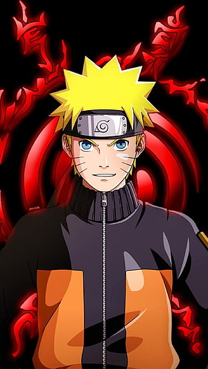 Naruto Uzumaki in Akatsuki Jacket with Red Chakra Aura HD phone wallpaper