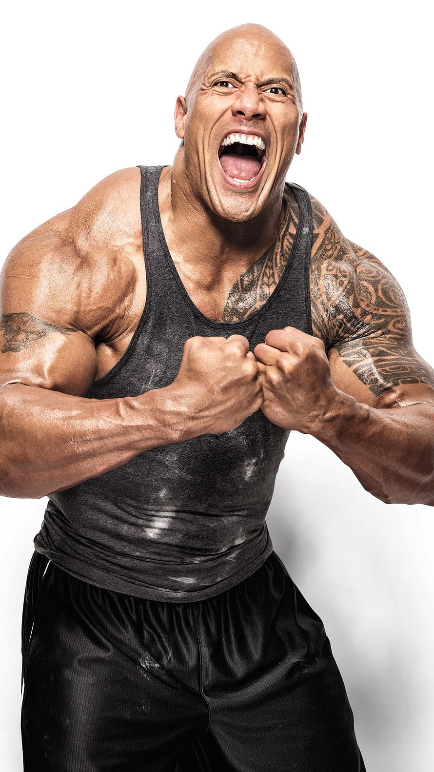 Dwayne Johnson Intense Gym Portrait With Clenched Fists And Tribal Tattoos HD phone wallpaper