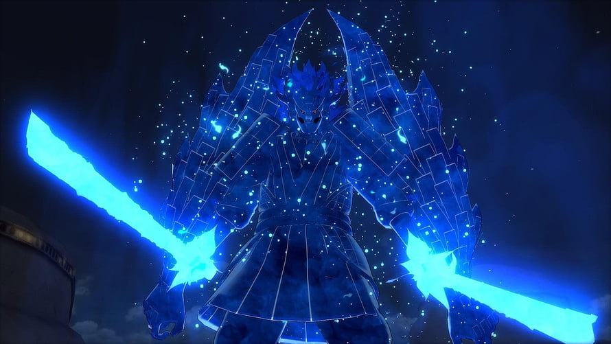 Madara Uchiha Perfect Susanoo Wielding Twin Blue Chakra Blades in Dark Night Sky HD wallpaper