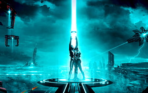 TRON Legacy Cyber Grid Scene with Glowing Light Beam and Futuristic Cityscape HD wallpaper