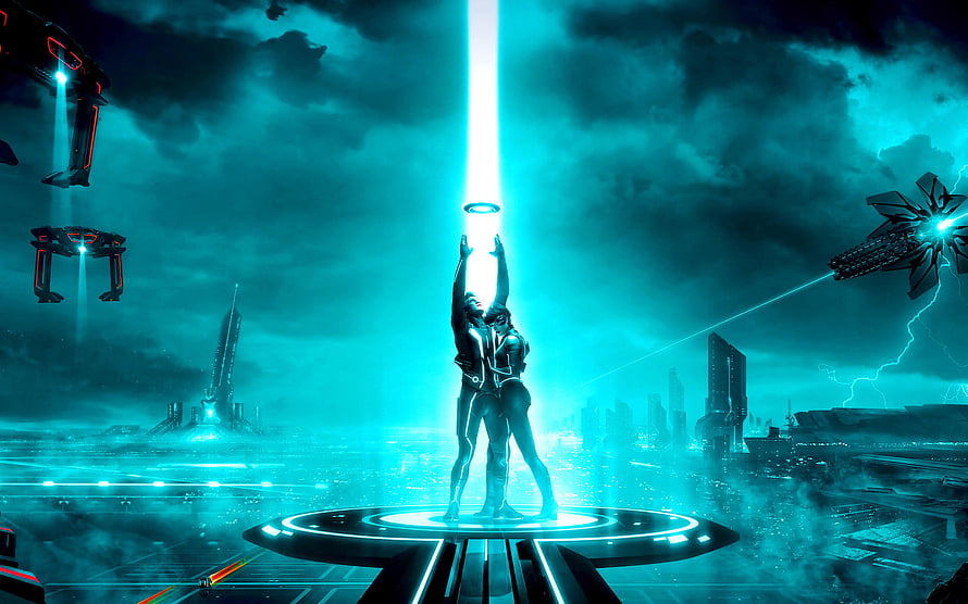 TRON Legacy Cyber Grid Scene with Glowing Light Beam and Futuristic Cityscape HD wallpaper