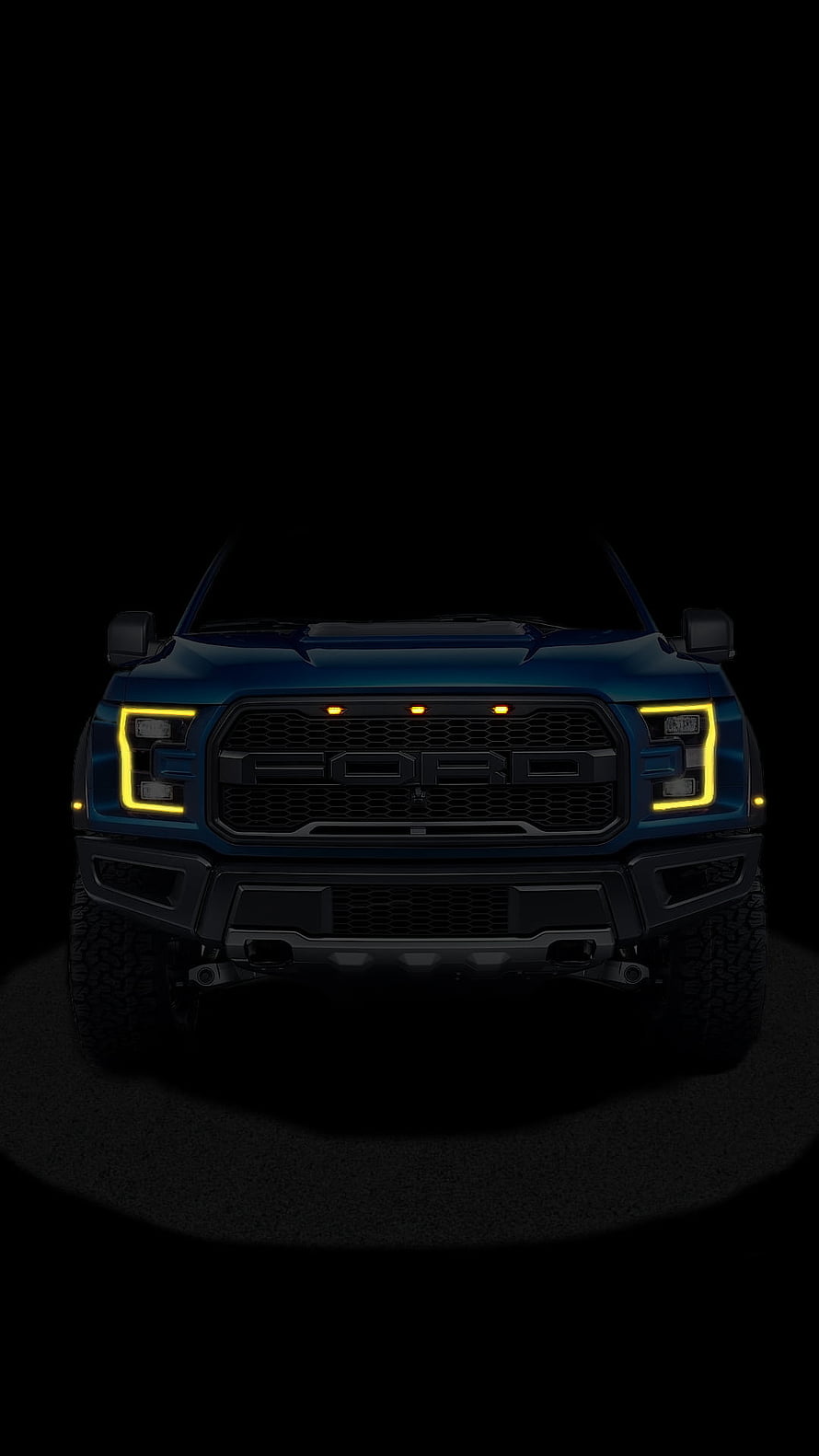 Ford Raptor Front Grille with Yellow LED Accents on Dark Background HD phone wallpaper