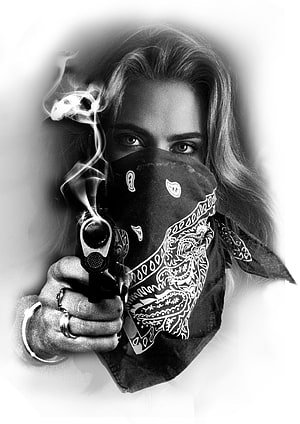 Black and white portrait of a woman with a bandana holding a smoking pistol HD phone wallpaper