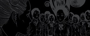 Junji Ito Tomie manga illustration of a group of students in black and white HD wallpaper