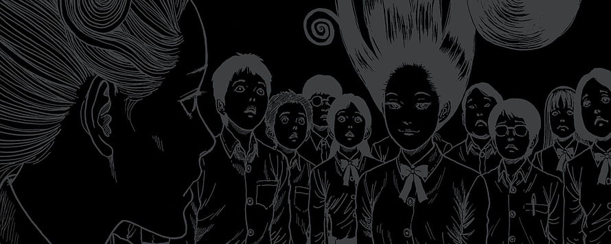 Junji Ito Tomie manga illustration of a group of students in black and white HD wallpaper
