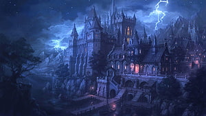 Dark Medieval Castle at Night with Lightning Storm and Gothic Architecture HD wallpaper