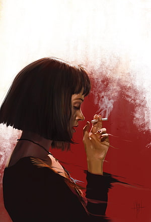 Pulp Fiction Character Portrait with Cigarette Smoke and Red Background HD phone wallpaper