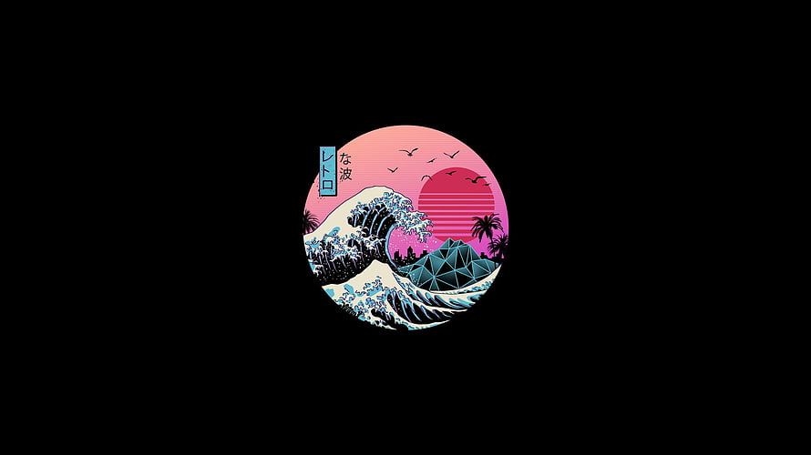 The Great Wave Off Kanagawa in Retro Synthwave Style with Neon Sunset and Geometric Mountain HD wallpaper