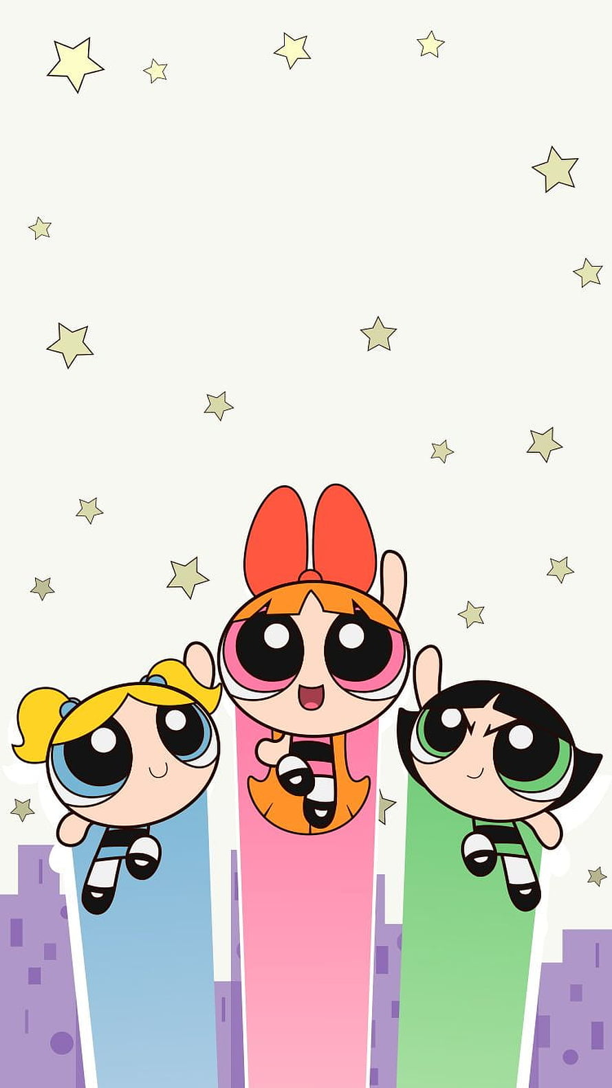 Powerpuff Girls Cartoon Characters Flying Over City Skyline With Stars HD phone wallpaper