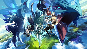 Genshin Impact Travelers and Paimon Flying Above Teyvat with Elemental Guardians HD wallpaper