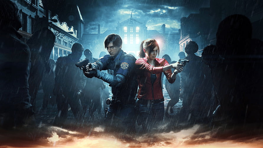 Resident Evil 2 Remake Key Art Featuring Leon and Claire in Rainy Zombie Streets HD wallpaper