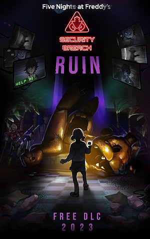 Five Nights at Freddy's Security Breach Ruin promotional artwork featuring a child and animatronic HD phone wallpaper