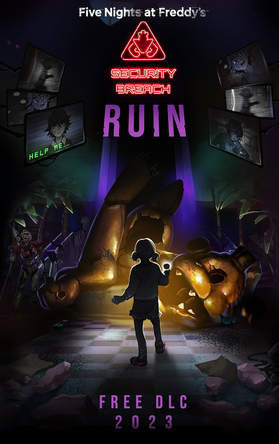 Five Nights at Freddy's Security Breach Ruin promotional artwork featuring a child and animatronic HD phone wallpaper