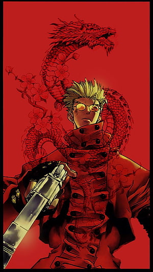 Vash the Stampede from Trigun holding a revolver with a red dragon and cherry blossoms HD phone wallpaper