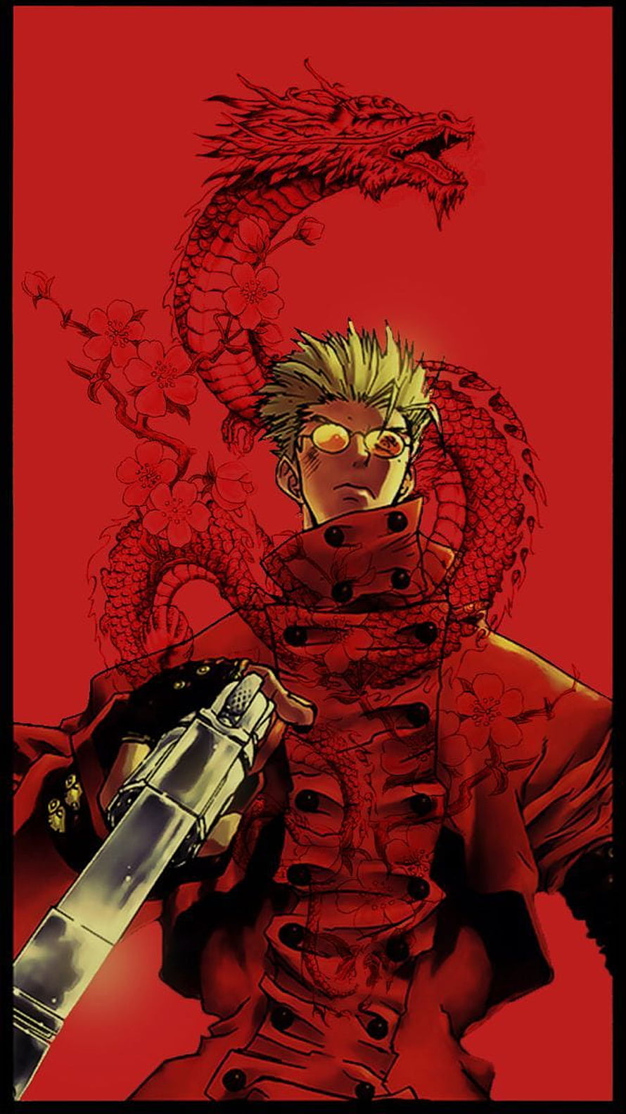Vash the Stampede from Trigun holding a revolver with a red dragon and cherry blossoms HD phone wallpaper