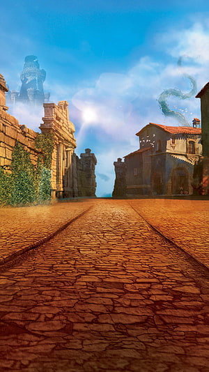 Puss in Boots The Last Wish Fantasy Village Scene with Cobblestone Road and Distant Tower HD phone wallpaper