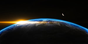 Earth Sunrise From Space With Crescent Moon And Atmospheric Glow HD wallpaper