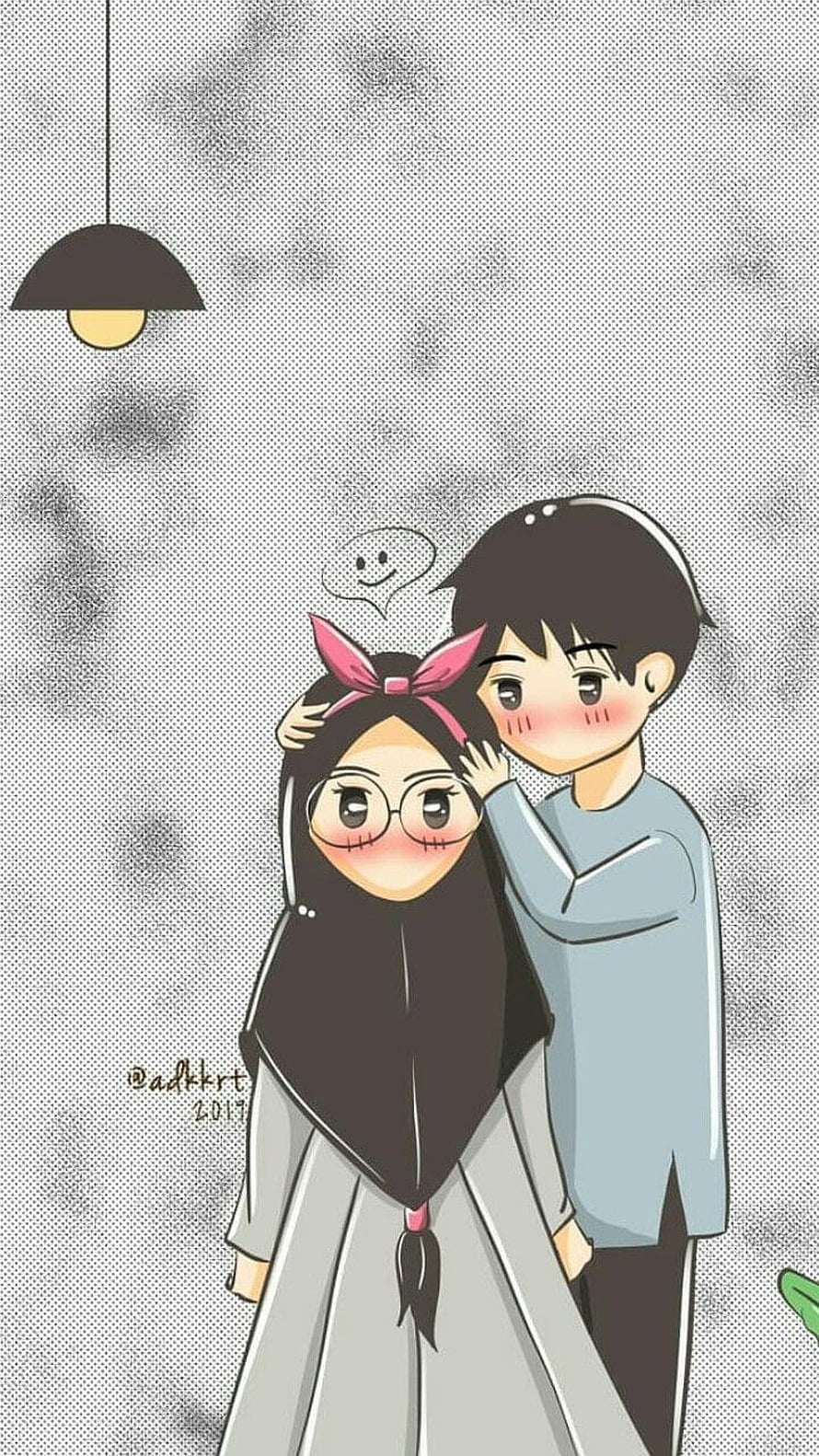 Cute Anime Muslim Couple Illustration with Hijab and Glasses HD phone wallpaper