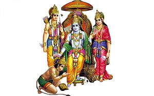 Lord Rama, Sita, Lakshmana, and Hanuman in Traditional Indian Mythological Illustration HD wallpaper