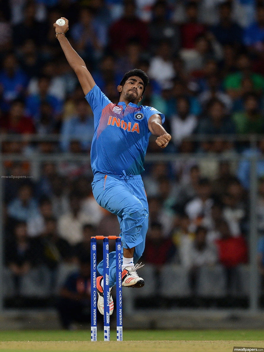 Jasprit Bumrah Delivering a Bowling Action in India Cricket Jersey HD phone wallpaper