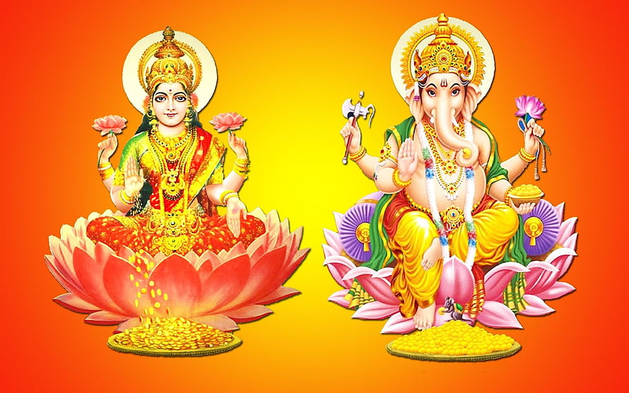 Ganesha And Lakshmi Seated On Lotus Flowers With Gold Coins HD wallpaper