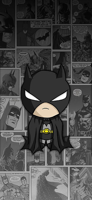 Cute Chibi Batman Cartoon Character on Grayscale Comic Panel Background HD phone wallpaper