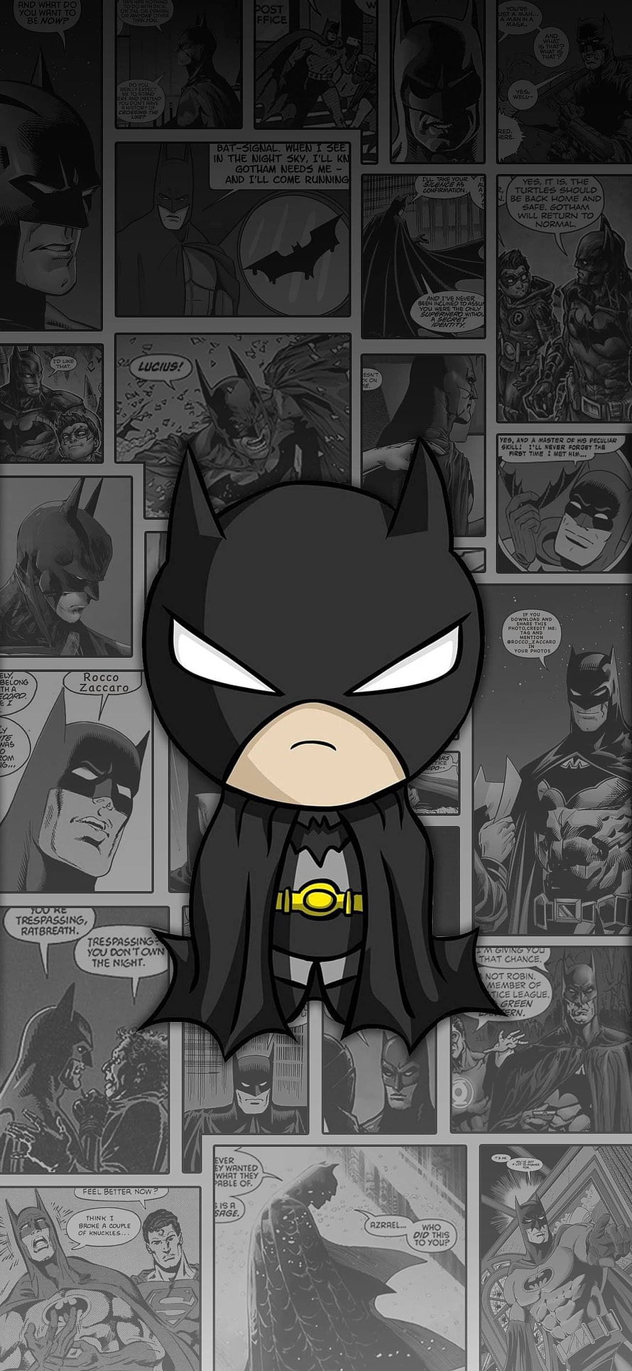 Cute Chibi Batman Cartoon Character on Grayscale Comic Panel Background HD phone wallpaper