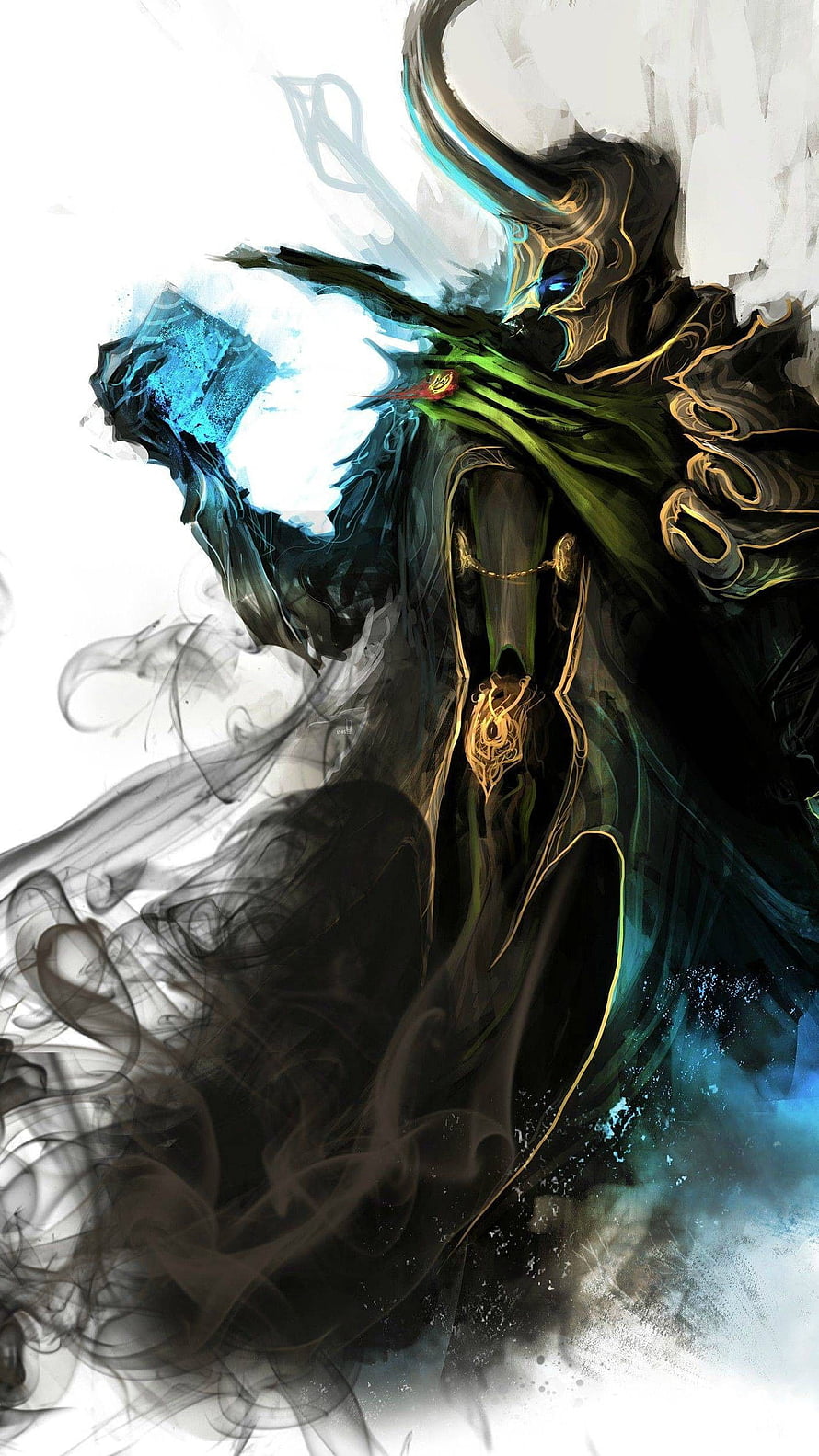 Loki Digital Art with Green Cape and Golden Accents in Dramatic Ink Style HD phone wallpaper