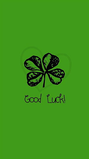 Hand-drawn four-leaf clover with good luck message on a solid green background HD phone wallpaper