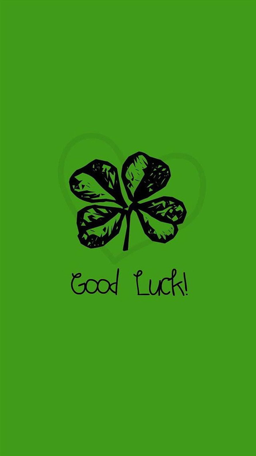 Hand-drawn four-leaf clover with good luck message on a solid green background HD phone wallpaper
