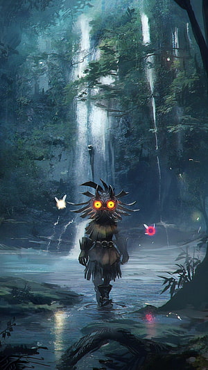 Majora Mask Character Walking Through Misty Forest With Waterfall and Glowing Fireflies HD phone wallpaper
