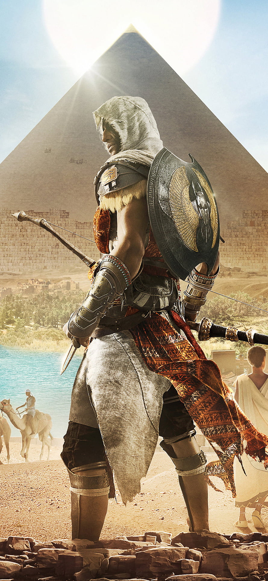 Bayek from Assassin's Creed Origins standing before the Great Pyramid in ancient Egypt HD phone wallpaper