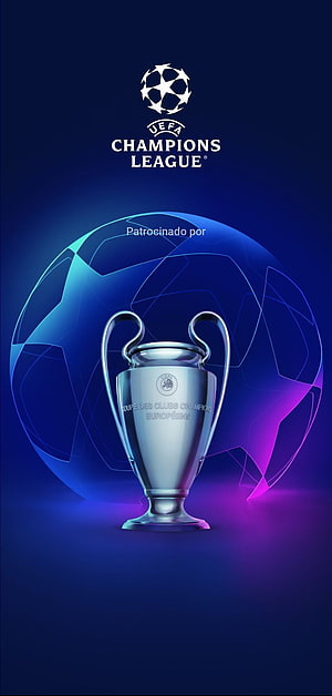 UEFA Champions League Silver Trophy with Starball Logo on Blue and Purple Gradient Background HD phone wallpaper