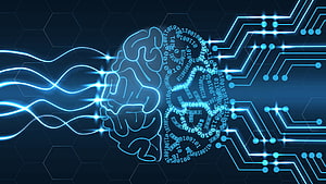 Glowing Digital Brain with Circuit Board and Binary Code on Dark Hexagonal Background HD wallpaper