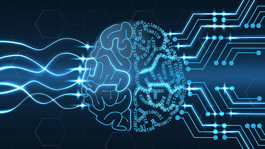 Glowing Digital Brain with Circuit Board and Binary Code on Dark Hexagonal Background HD wallpaper