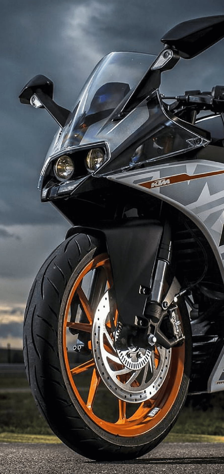 KTM RC 390 Sport Motorcycle Front Wheel and Headlight Close-Up HD phone wallpaper