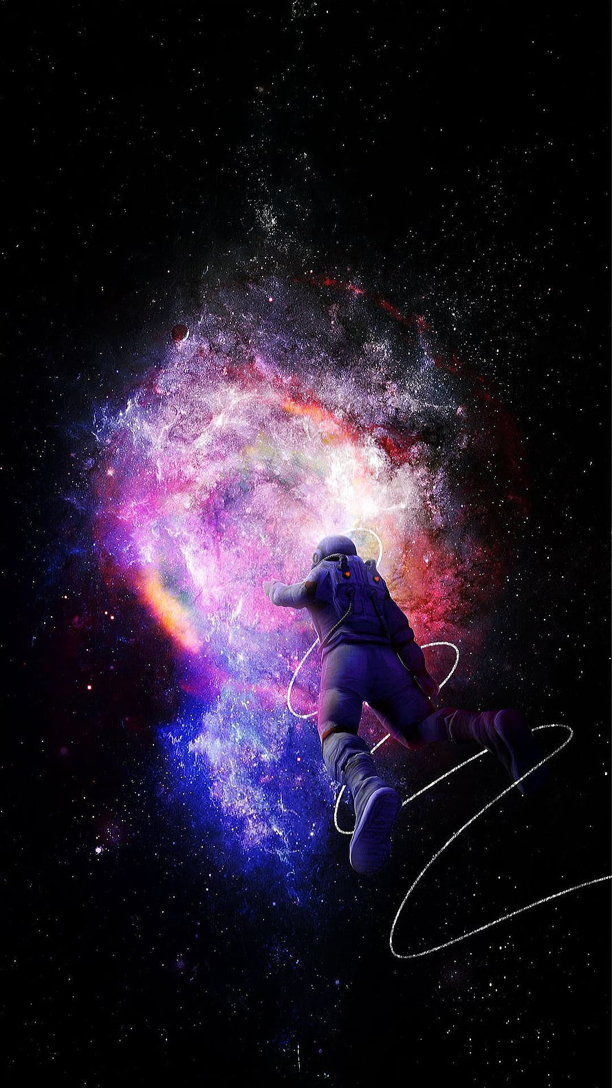 Astronaut Floating in Deep Space Before a Vibrant Purple and Pink Nebula HD phone wallpaper